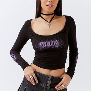 Urban Outfitters Black and Purple Graphic Long Sleeve Crop Top ~ Size S